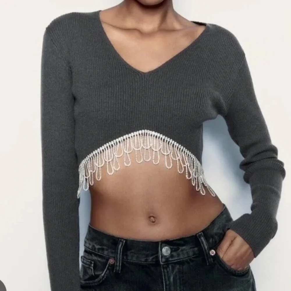 Zara rhinestone detail ribbed long sleeve crop top